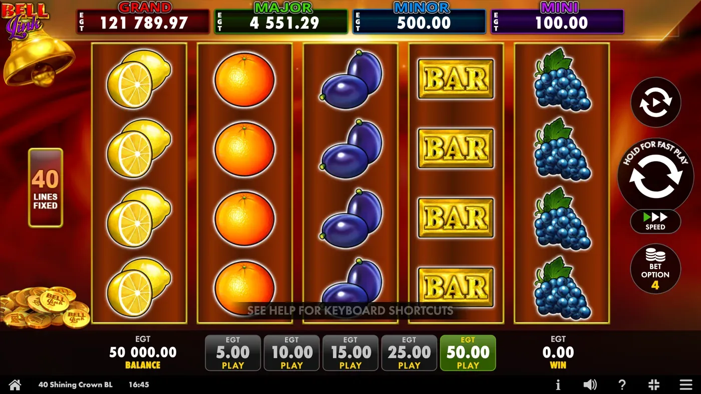 40 Shining Crown Bell Link con quattro righe, il simbolo BAR e i livelli del jackpot