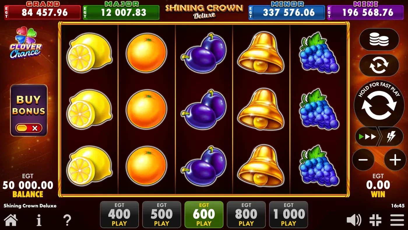 Shining Crown Deluxe di EGT Digital con il pulsante Buy Bonus e i livelli Clover Chance