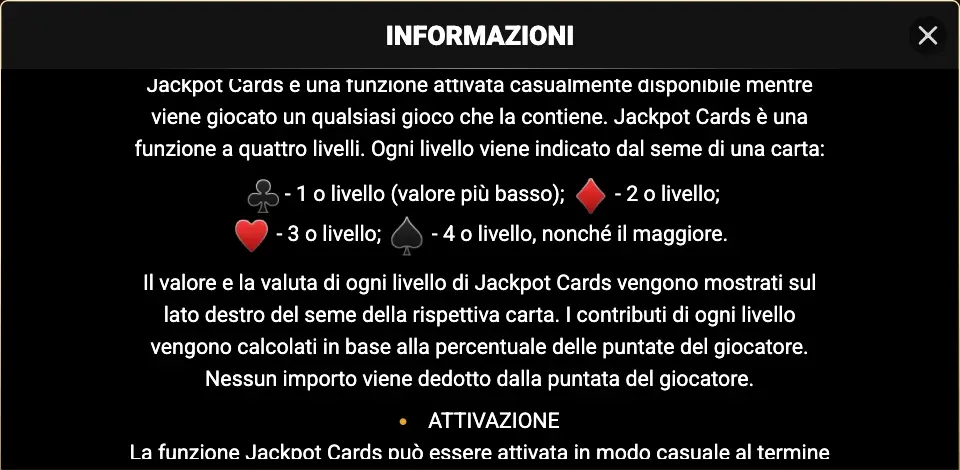 Il pannello informazioni di Shining Crown con le regole di Jackpot Cards e i quattro semi