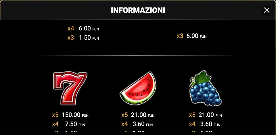 La tabella pagamenti di Shining Crown con sette, anguria e uva e i loro valori